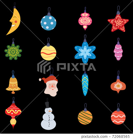 Set Christmas Retro Toys balls decorative elements. Xmas collection vintage elements baubles, toys, gift boxes, garlands, xmas trees. Vector illustration accessories for poster banner card Set Christmas Retro Toys balls decorative elements. Xmas collection vintage elements baubles, toys, gift boxes, garlands, xmas trees. Vector illustration accessories for poster banner card 72068565