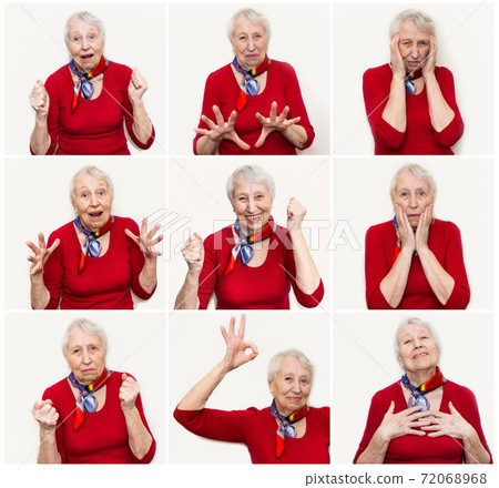 The collage from different emotions of senior woman 72068968