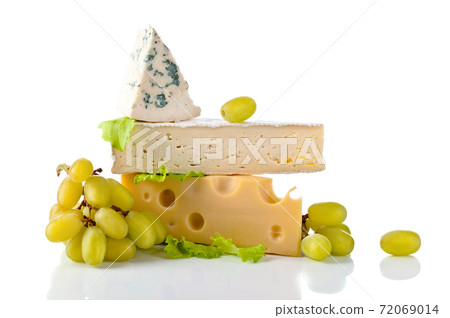 cheeses and grapes with salad isolated on a white background cheeses and grapes with salad isolated on a white background 72069014