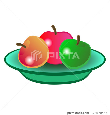 Three ripe apples are on a platter. 72070433