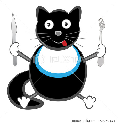 A fat cat holds a knife and a fork in its paws. 72070434