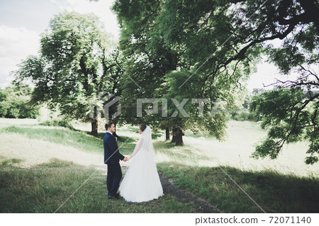 Happy wedding couple walking in a botanical park Happy wedding couple walking in a botanical park 72071140