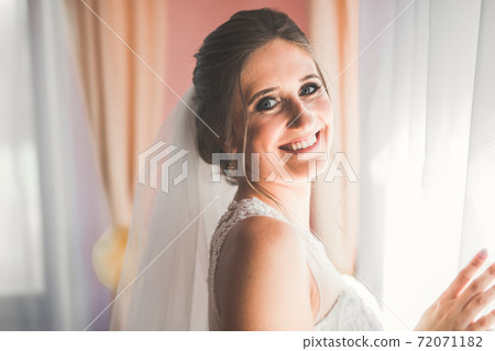 Luxury bride in white dress posing while preparing for the wedding ceremony Luxury bride in white dress posing while preparing for the wedding ceremony 72071182