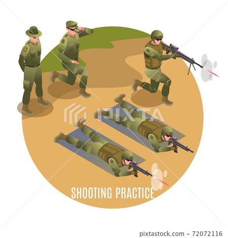 Practice shooting of special troops. Sergeants are watching. Illustration isometric icons on isolated background Practice shooting of special troops. Sergeants are watching. Illustration isometric icons on isolated background 72072116