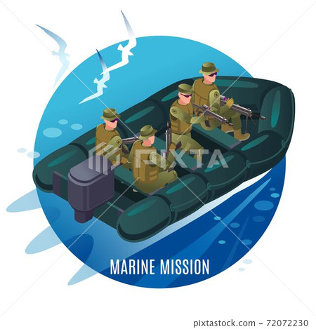 Navy seals on a mission. Military boat at sea and seagulls above it. Illustration isometric icons on isolated background Navy seals on a mission. Military boat at sea and seagulls above it. Illustration isometric icons on isolated background 72072230