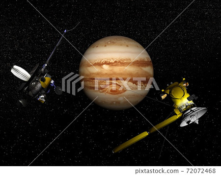 Galileo and Cassini spacecraft next to Jupiter - 3D render 72072468