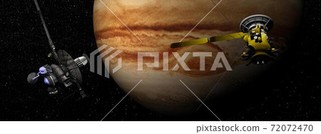 Galileo and Cassini spacecraft next to Jupiter - 3D render 72072470