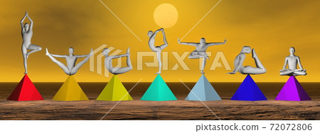 Yoga on chakra pyramids - 3D render Yoga on chakra pyramids - 3D render 72072806