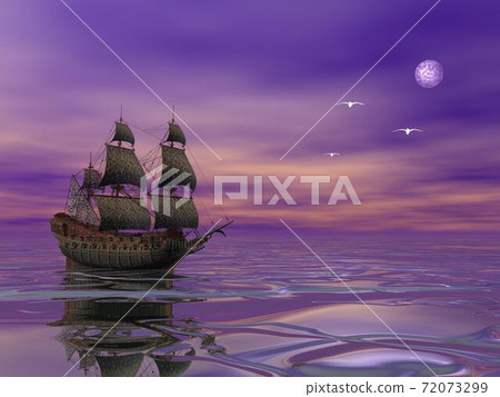 Pirate ship sailing in the moonlight - 3D render Pirate ship sailing in the moonlight - 3D render 72073299