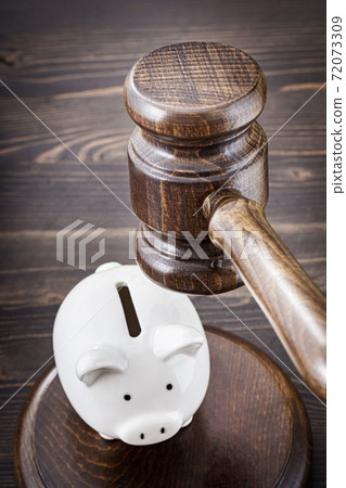 Gavel under small piggy bank 72073309