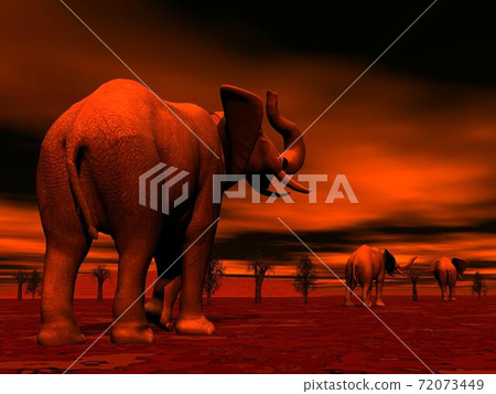 Elephants in the savannah by sunset - 3D render - Stock Illustration ...