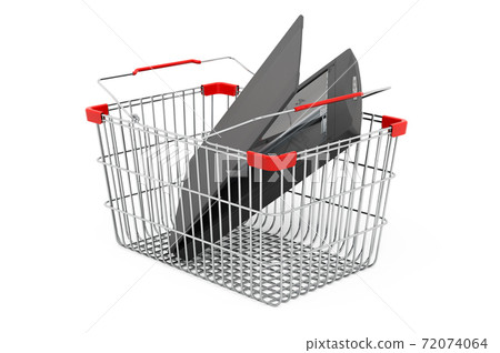 Shopping basket with scanner, 3D rendering 72074064