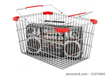 Shopping basket with boombox, 3D rendering Shopping basket with boombox, 3D rendering 72074065