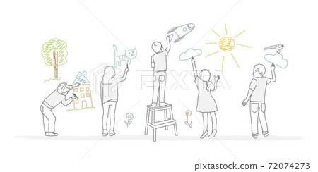 Kids paint drawings on the wall. Kids paint drawings on the wall. 72074273