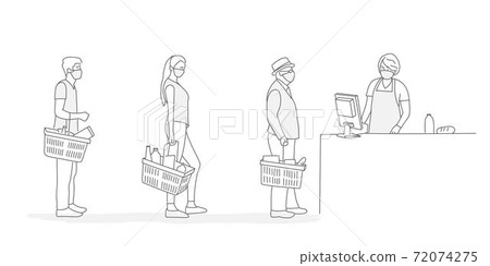 Supermarket store counter cashier and buyers in medical masks with basket of food. 72074275