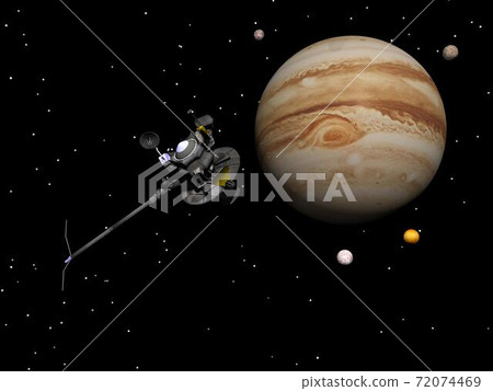 Voyager spacecraft near Jupiter and its satellites - 3D render 72074469