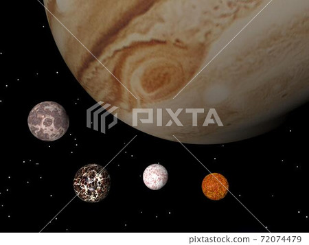 Jupiter and its satellites - 3D render 72074479