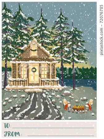 Christmas greeting postcard with cozy cabin in winter forest 72076785