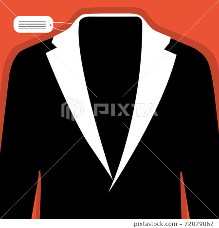 Illustration of a suit with tie. Vector illustration of jacket, label in white and black color on orange background. Vector illustration. 72079062