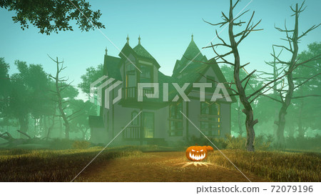Halloween pumpkins and spooky house at misty dusk 72079196