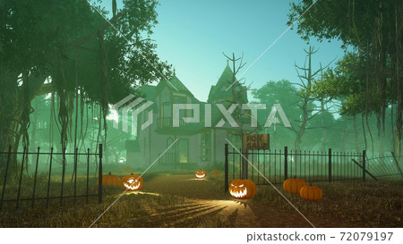 Halloween pumpkins near spooky house at foggy dusk 72079197