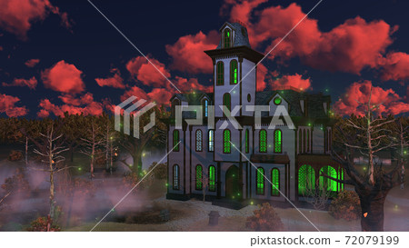 Spooky haunted mansion at eerie sunset 3D 72079199