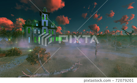 Fantastic spooky mansion at misty dusk 3D 72079201