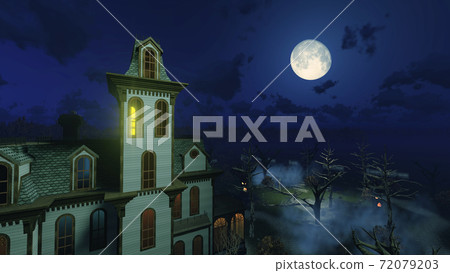 Big moon above scary mansion at dark night 3D 72079203