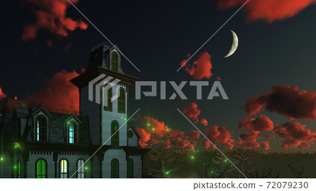 Spooky mystical mansion under night sky with moon 72079230