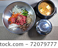 Delicious Korean beef yukhoe bibimbap and miso stew, rice, dishes, lunch, dinner 72079777