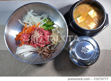 Delicious Korean beef yukhoe bibimbap and miso stew, rice, dishes, lunch, dinner Delicious Korean beef yukhoe bibimbap and miso stew, rice, dishes, lunch, dinner 72079777