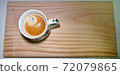 A cup of hot coffee on a wooden cutting board. Delicious coffee. Coffee in a ceramic cup. 72079865