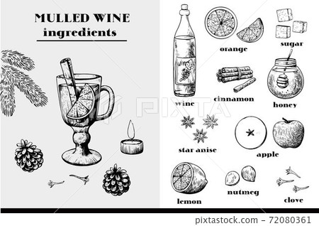 Mulled wine ingredients big set of ink black and white elements. Christmas and New year atmosphere.  72080361