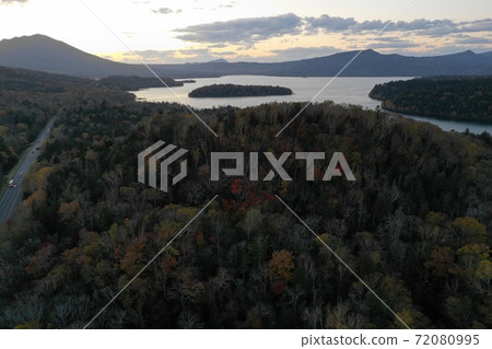 Aerial view of Lake Akan at dusk Aerial view of Lake Akan at dusk 72080995