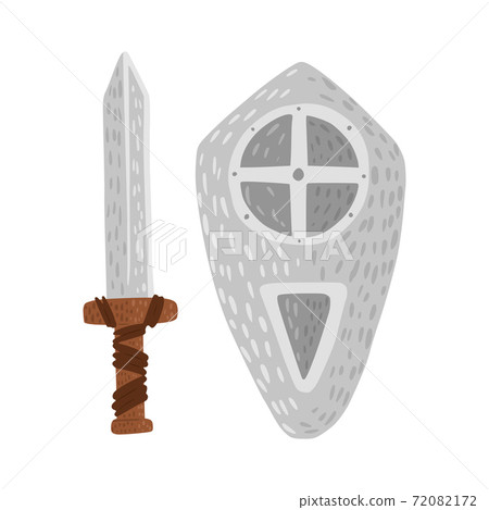 Shield and sword isolated on white background. Cartoon cute weapon of viking in doodle style. Shield and sword isolated on white background. Cartoon cute weapon of viking in doodle style. 72082172