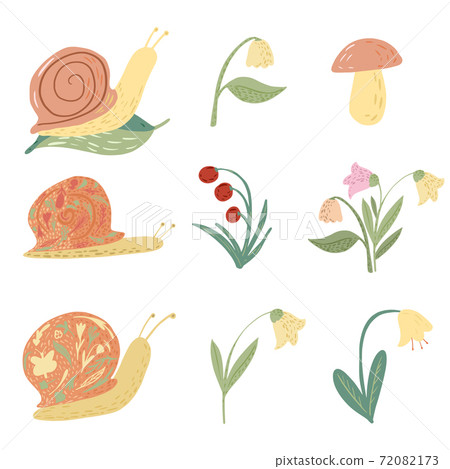 Set snail and flower on white background. Funny cartoon character: snail, lily of the valley, bellflowers, mushroom, leaf, berry in doodle style. Set snail and flower on white background. Funny cartoon character: snail, lily of the valley, bellflowers, mushroom, leaf, berry in doodle style. 72082173