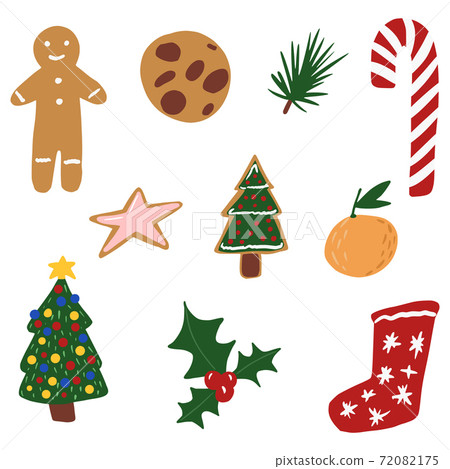 Set Christmas elements on white background. Abstract symbols christmas tree, gingerbread, sock, tangerine, cookies, start, mistletoe, candy in doodle. 72082175