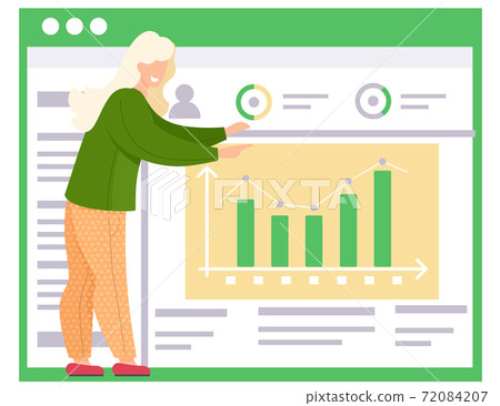 The girl points to the bar graph on the poster on the background. Work with statistics and data The girl points to the bar graph on the poster on the background. Work with statistics and data 72084207