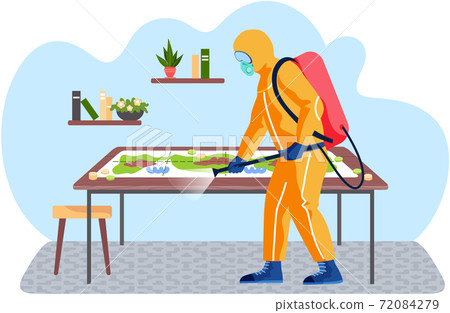 A man from epidemiological service doing disinfection in livingroom to kill viruses and bacteria 72084279