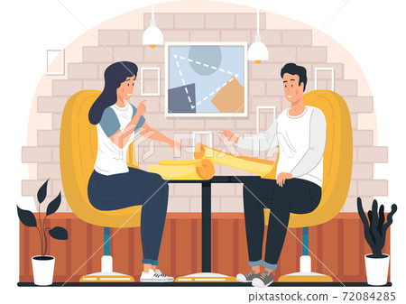 Young people discuss the strategy of doing business. Man and woman talking about a paper project Young people discuss the strategy of doing business. Man and woman talking about a paper project 72084285