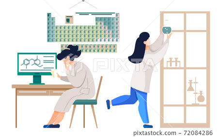 Girl chemist puts the flask on the top shelf of the cabinet. Woman sitting with cards in her hands Girl chemist puts the flask on the top shelf of the cabinet. Woman sitting with cards in her hands 72084286