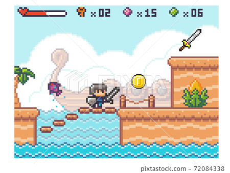 Pixel computer game interface. Knight in armor is climbing the stairs. Hero is collecting coins 72084338