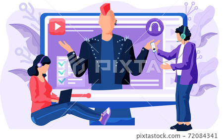 Rocker in leather jacket on a screen. People with headphones listening to music and watching videos 72084341