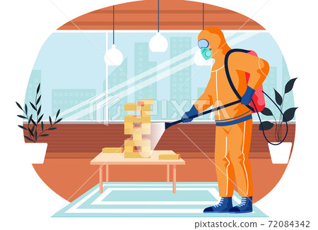 A man from epidemiological service doing disinfection in livingroom to kill viruses and bacteria A man from epidemiological service doing disinfection in livingroom to kill viruses and bacteria 72084342