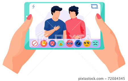 The girl is watching the broadcast from her phone. On video two men are talking vector illustration The girl is watching the broadcast from her phone. On video two men are talking vector illustration 72084345