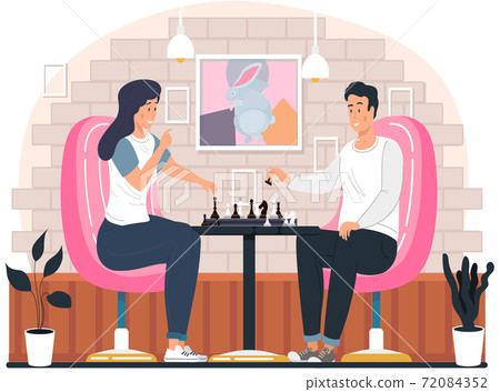 Couple playing chess at home sitting at the table cozy living room atmosphere in the evening Couple playing chess at home sitting at the table cozy living room atmosphere in the evening 72084352