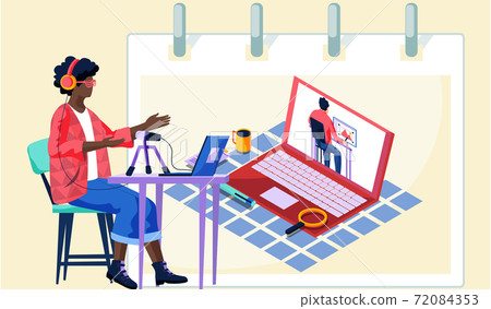 Dark skinned man records a video lesson for a student. A man with headset leads a webinar Dark skinned man records a video lesson for a student. A man with headset leads a webinar 72084353