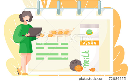 A woman with a laptop studying vegan milk information, organic and healthy cow beverage alternative A woman with a laptop studying vegan milk information, organic and healthy cow beverage alternative 72084355