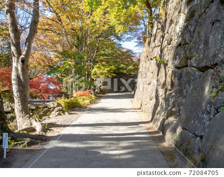 Scenery of old stone walls and bright autumn leaves 72084705