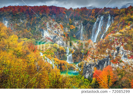 Spectacular autumn landscape with magical waterfalls in Plitvice lakes,Croatia 72085299